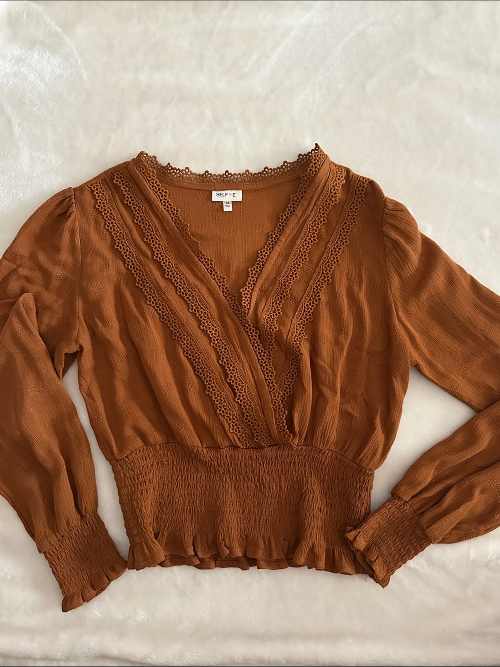 Self•e Rust Brown Lace-Trim Smocked Wrap Blouse
